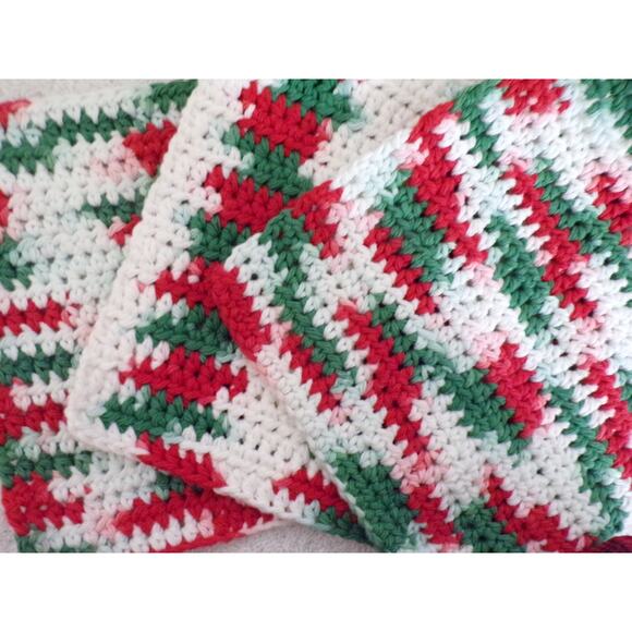 Handmade Crocheted Dishcloths Washcloths 3 Set 100% Cotton Christmas Colors - Picture 3 of 3